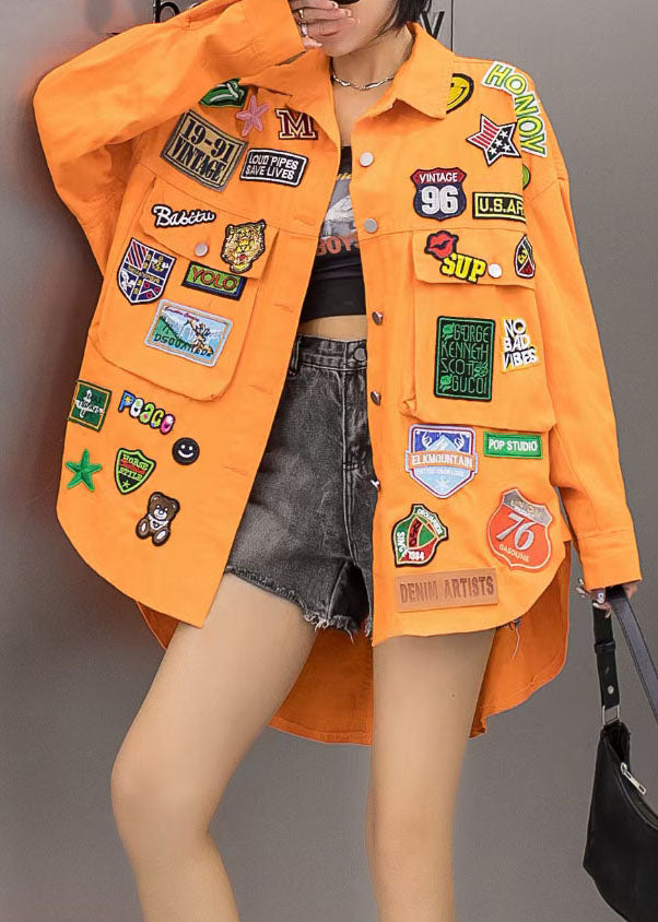 Casual Orange Pockets Graphic Patchwork Denim Coat