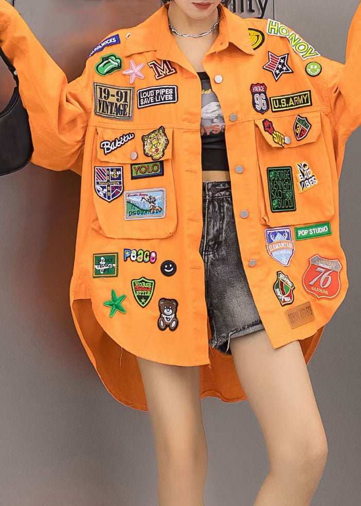 Casual Orange Pockets Graphic Patchwork Denim Coat