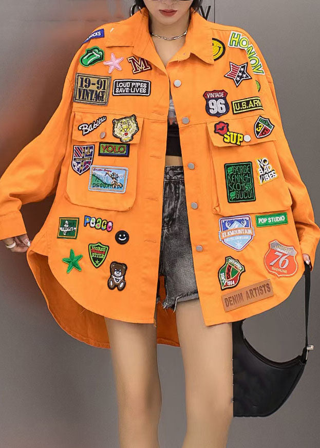 Casual Orange Pockets Graphic Patchwork Denim Coat