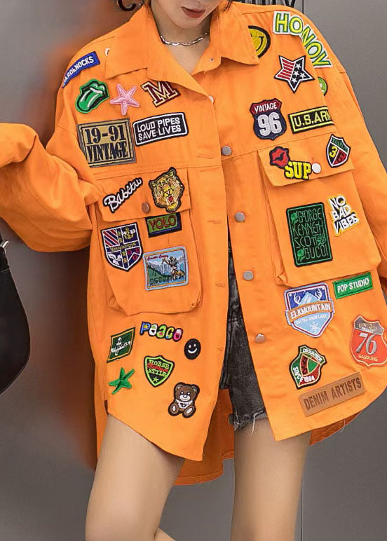 Casual Orange Pockets Graphic Patchwork Denim Coat