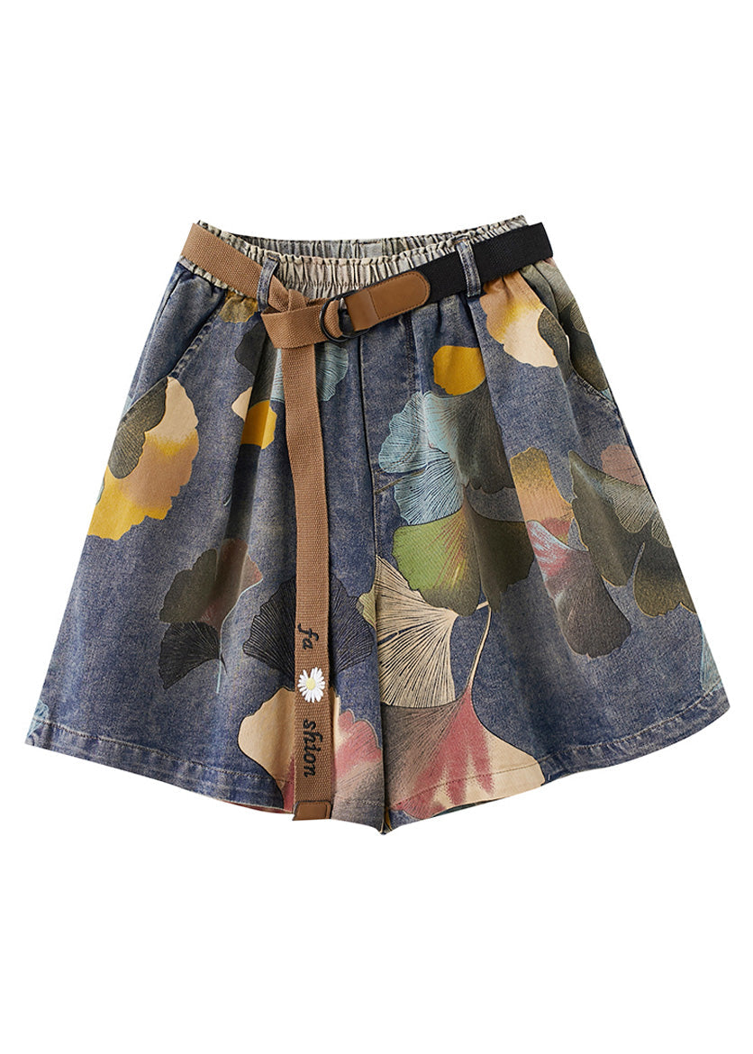 Casual Print Elastic Waist Sashes Denim Shorts