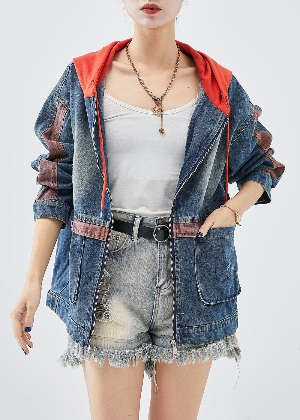 Casual Red Hooded Patchwork Denim Coats Fall