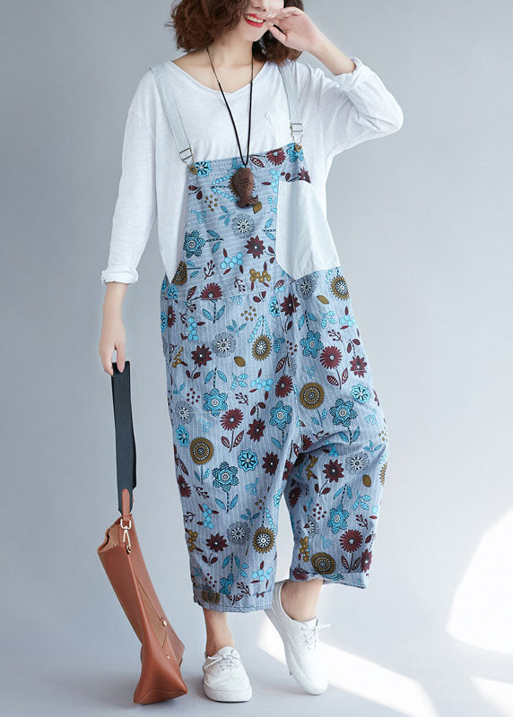 Casual light Grey pockets Patchwork Floral denim Jumpsuits