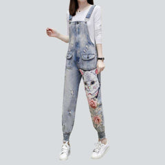 Cat embroidery women denim jumpsuit