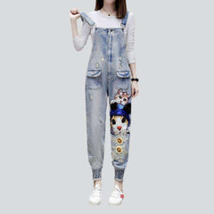 Cats embroidery women denim jumpsuit