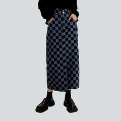 Checkered long denim skirt