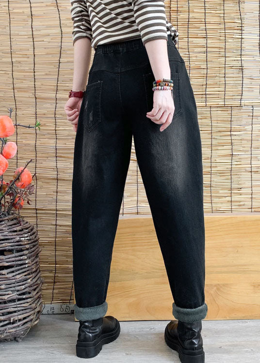 Pantalones harén de mezclilla con bolsillos ceñidos negros elegantes para invierno