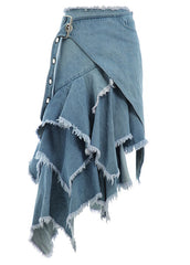 Chic Blau Asymmetrische Hohe Taille Patchwork Denim Rock Herbst