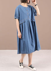 Chic Blue Button Cinched Denim Dresses