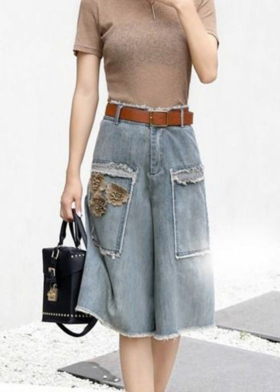 Chic Blue Floral High Waist Sashes Denim Crop Pants