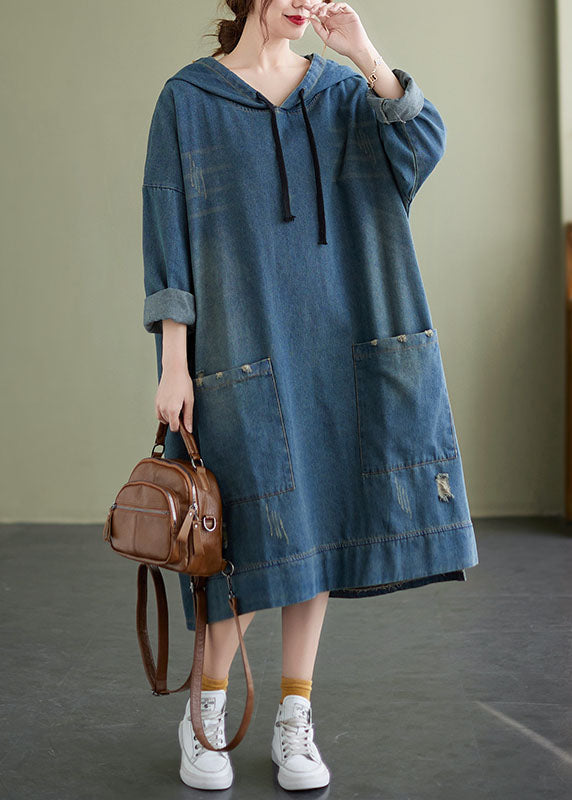 Chic Blue Hooded drawstring denim Dress