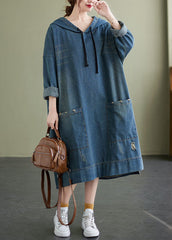 Chic Blue Hooded drawstring denim Dress