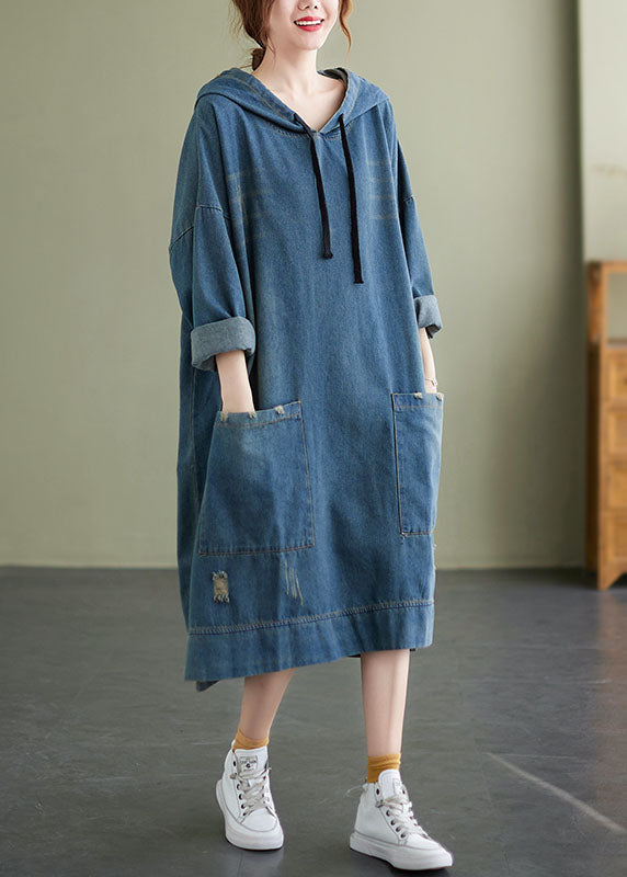 Chic Blue Hooded drawstring denim Dress