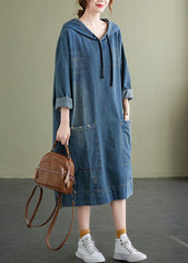 Chic Blue Hooded drawstring denim Dress