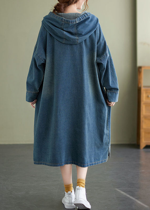 Chic Blue Hooded drawstring denim Dress