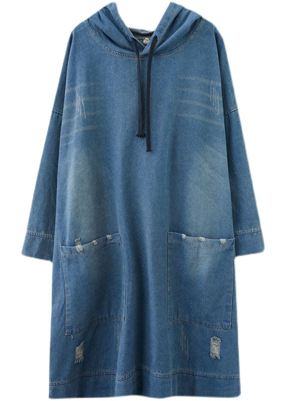 Chic Blue Hooded drawstring denim Dress