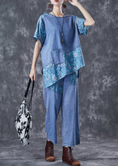 Chic Blue Oversized Asymmetrical Patchwork Denim Two Pieces Set