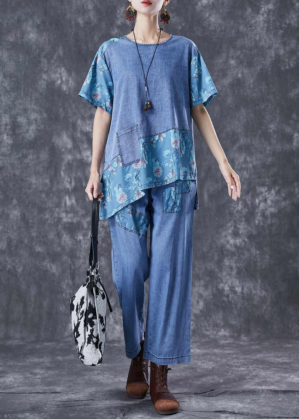 Chic Blue Oversized Asymmetrical Patchwork Denim Two Pieces Set