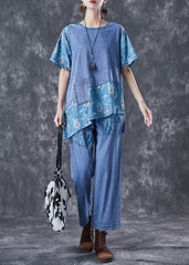 Chic Blue Oversized Asymmetrical Patchwork Denim Two Pieces Set