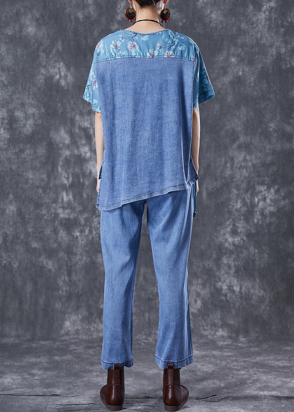 Chic Blue Oversized Asymmetrical Patchwork Denim Two Pieces Set