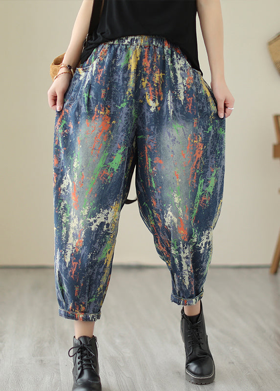 Chic Blue Oversized Graffiti Denim Harem Pants