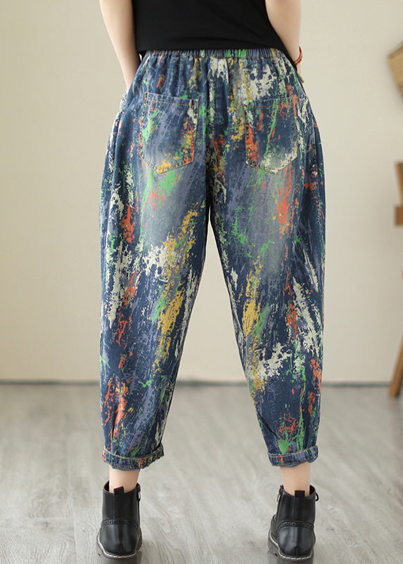 Chic Blue Oversized Graffiti Denim Harem Pants