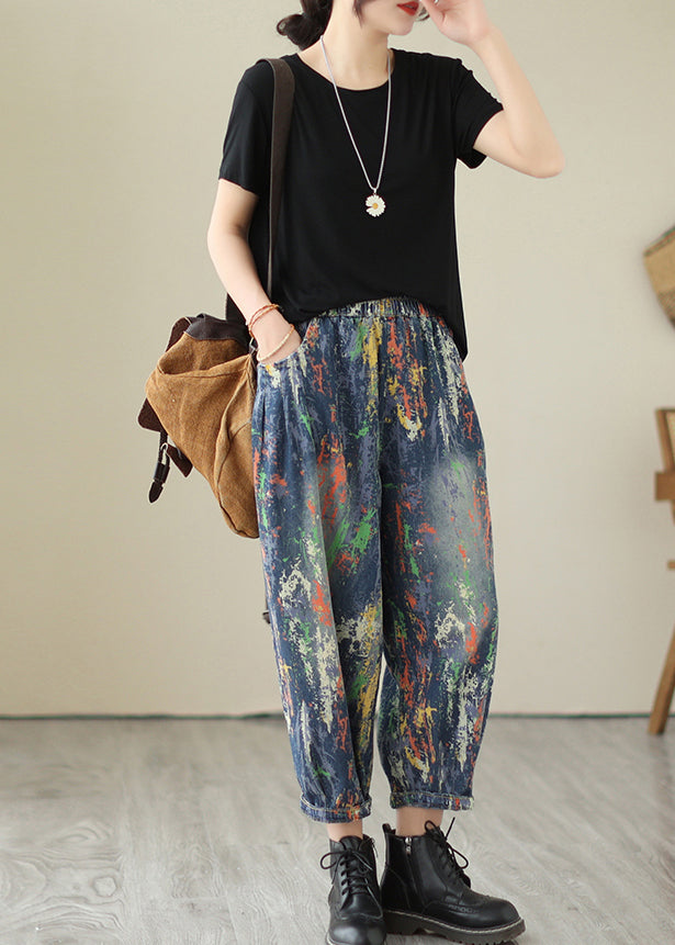 Chic Blue Oversized Graffiti Denim Harem Pants