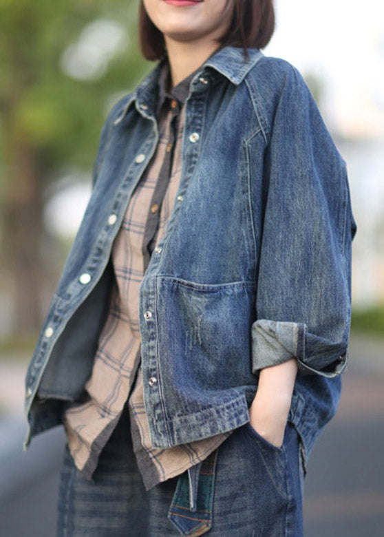 Chic Blue Peter Pan Collar Patchwork Denim Coats