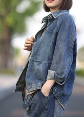 Chic Blue Peter Pan Collar Patchwork Denim Coats