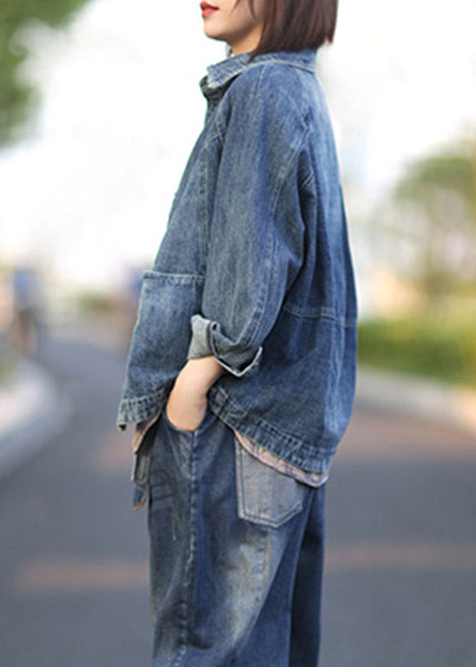 Chic Blue Peter Pan Collar Patchwork Denim Coats