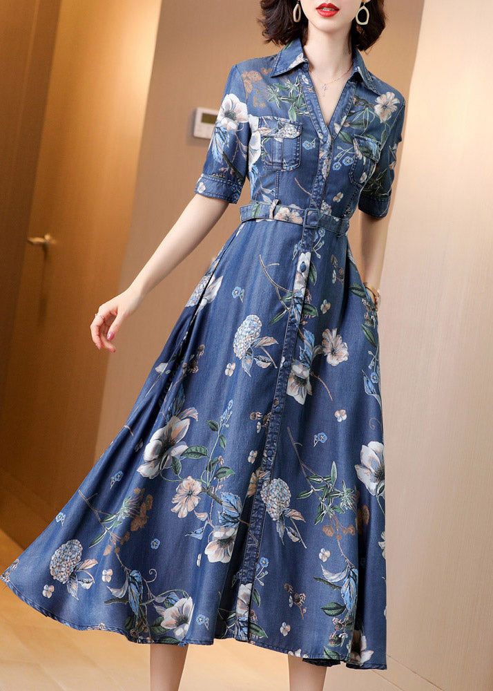 Chic Blue Peter Pan Collar Print Button Sashes Denim Long Dress Short Sleeve