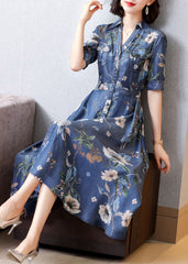 Chic Blue Peter Pan Collar Print Button Sashes Denim Long Dress Short Sleeve