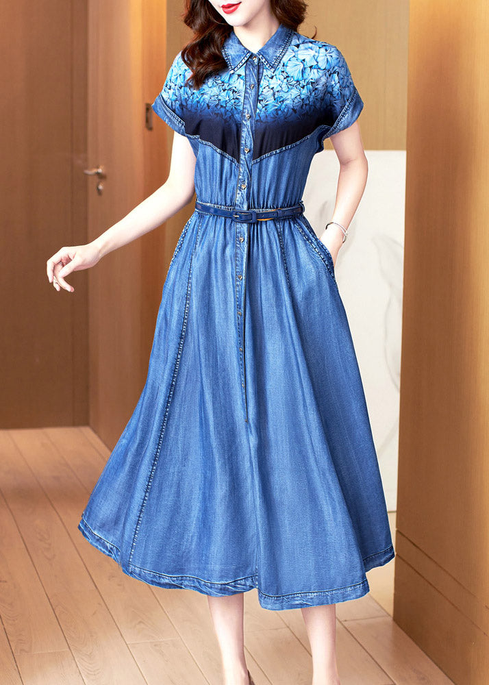 Chic Blue Peter Pan Collar Print Patchwork Button Sashes Cotton Vacation Denim Long Dresses