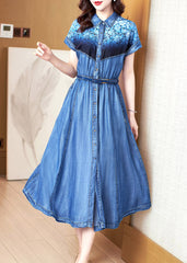 Chic Blue Peter Pan Collar Print Patchwork Button Sashes Cotton Vacation Denim Long Dresses