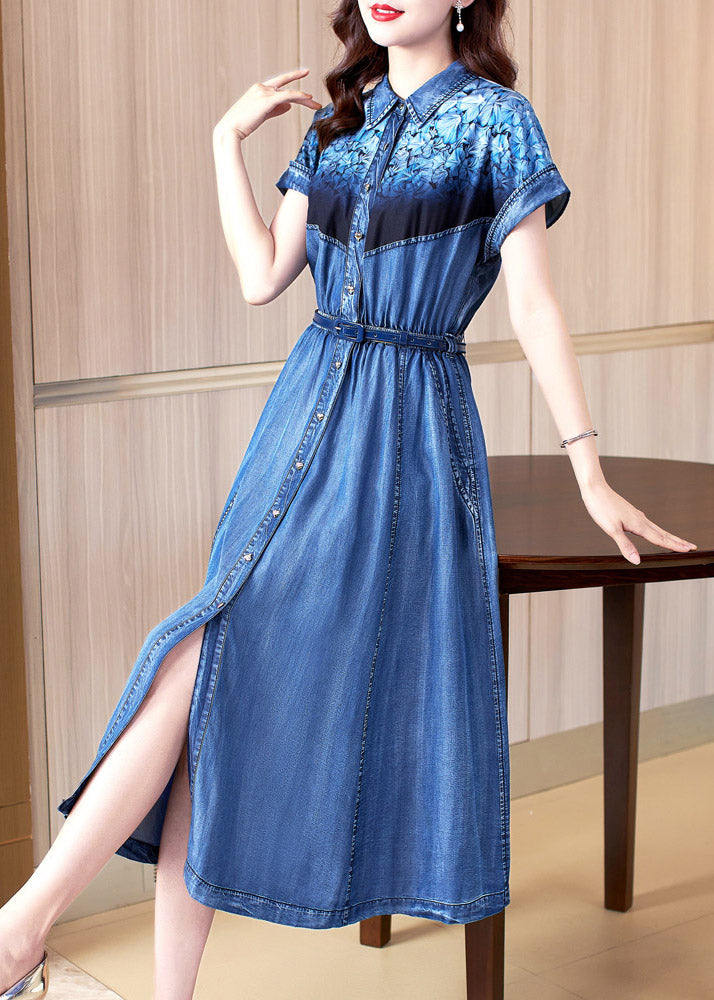 Chic Blue Peter Pan Collar Print Patchwork Button Sashes Cotton Vacation Denim Long Dresses