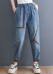 Chic Blue Pockets Patchwork Denim Harem Pants