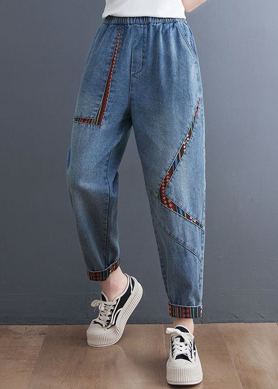 Chic Blue Pockets Patchwork Denim Harem Pants