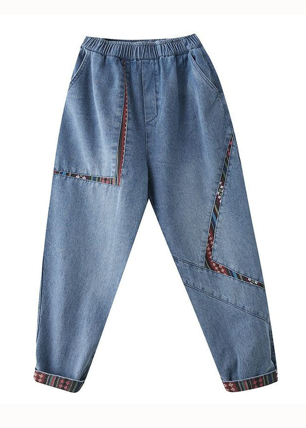 Chic Blue Pockets Patchwork Denim Harem Pants