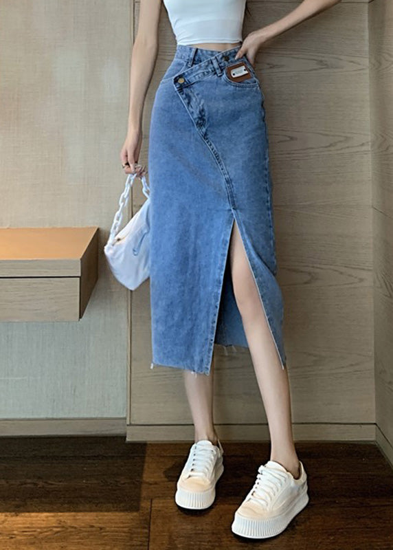 Chic Blue Side Open Asymmetrical Patchwork Denim Maxi Skirts