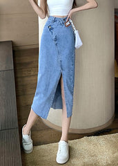 Chic Blue Side Open Asymmetrical Patchwork Denim Maxi Skirts