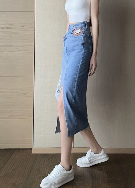 Chic Blue Side Open Asymmetrical Patchwork Denim Maxi Skirts