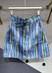 Chic Blue Striped Asymmetrical Pockets Patchwork Denim Skirts