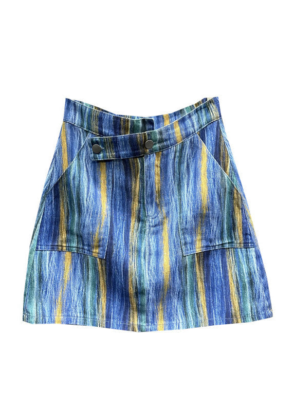 Chic Blue Striped Asymmetrical Pockets Patchwork Denim Skirts