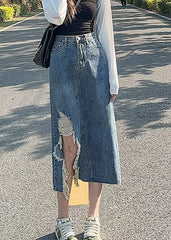 Chic Denim Blue Asymmetrical Patchwork Pockets A Line Skirt