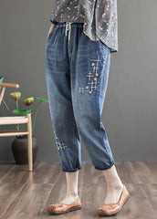 Chic Denim Blue Elastic Waist Embroideried Cotton Crop Pants