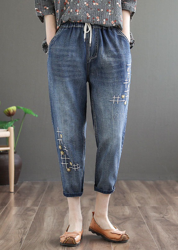 Chic Denim Blue Elastic Waist Embroideried Cotton Crop Pants