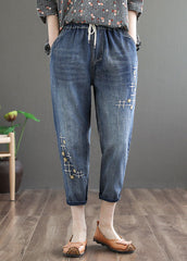 Chic Denim Blue Elastic Waist Embroideried Cotton Crop Pants