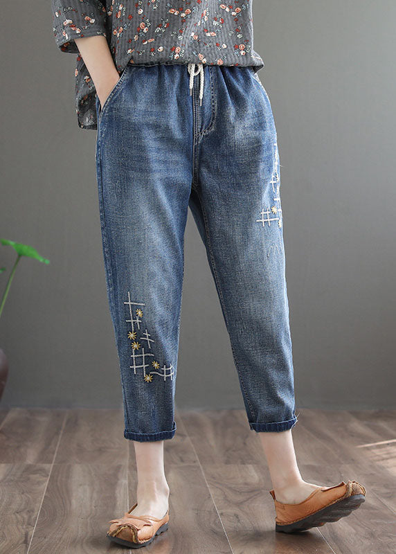 Chic Denim Blue Elastic Waist Embroideried Cotton Crop Pants