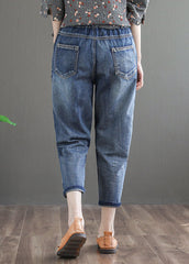 Chic Denim Blue Elastic Waist Embroideried Cotton Crop Pants