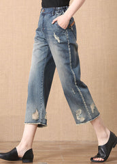 Chic Denim Blue Elastic Waist Zip Up Pockets Hole Cotton Crop Pants